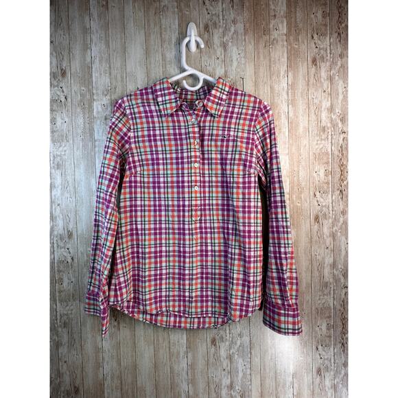 Vineyard Vines Shirt Womens 4 Fuchsia Green Plaid Collar 1/2 Button Linen Blend - Picture 1 of 9